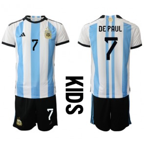 Argentina Rodrigo de Paul #7 Hemmaställ Barn VM 2022 Kortärmad (+ Korta byxor)